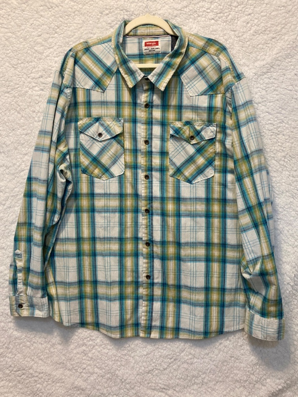 Wrangler Western Shirt Men 3XL Blue Yellow Plaid Long Sleeve Pearl Snap Big Tall